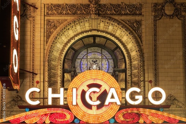 Art Deco Theater in Gold with the World Chicago in Lights